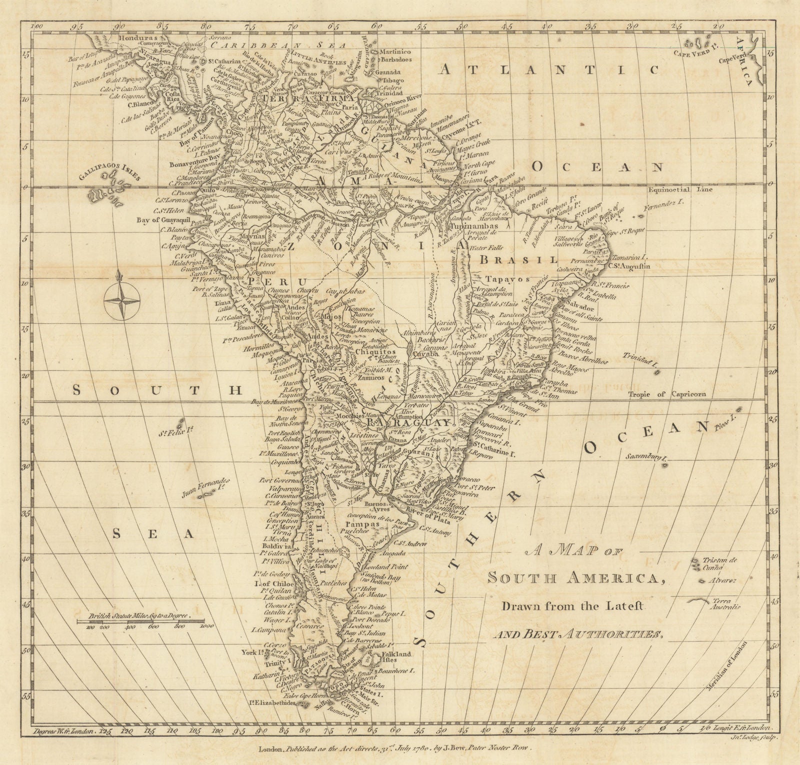 A Map of South America, drawn from the Latest & Best Authorities. LODGE 1780